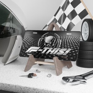 Aluminum Vanity Front License Plate: Racing Fan, Speed Lover, Rebel Driver, Tech Style Skull image 4