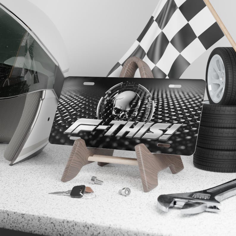 Aluminum Vanity Front License Plate: Racing Fan, Speed Lover, Rebel Driver, Tech Style Skull image 4