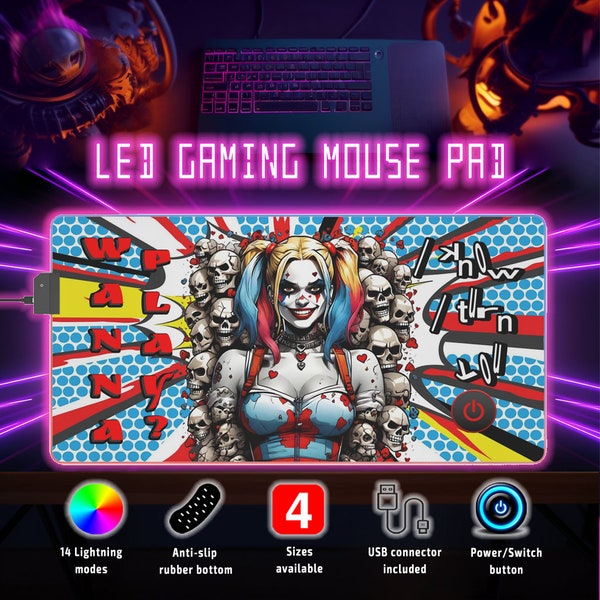 RGB LED Gaming Mouse Pad Skull Harley. 14 changing colors, 4 sizes Anti-Slip Table Mat, Keyboard Desktop Office, Pop Art Vintage Superhero