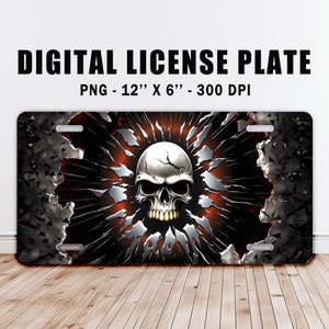 May include: A digital license plate design featuring a white skull with cracked teeth, breaking through a cracked, dark gray and red background. The design is 12 inches by 6 inches and 300 DPI.