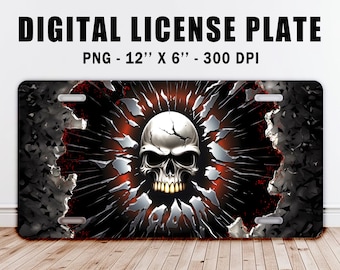 Skull Torn Metal Car License Plate PNG design Instant digital download, sublimation printing resizable design, heavy metal skull art lover