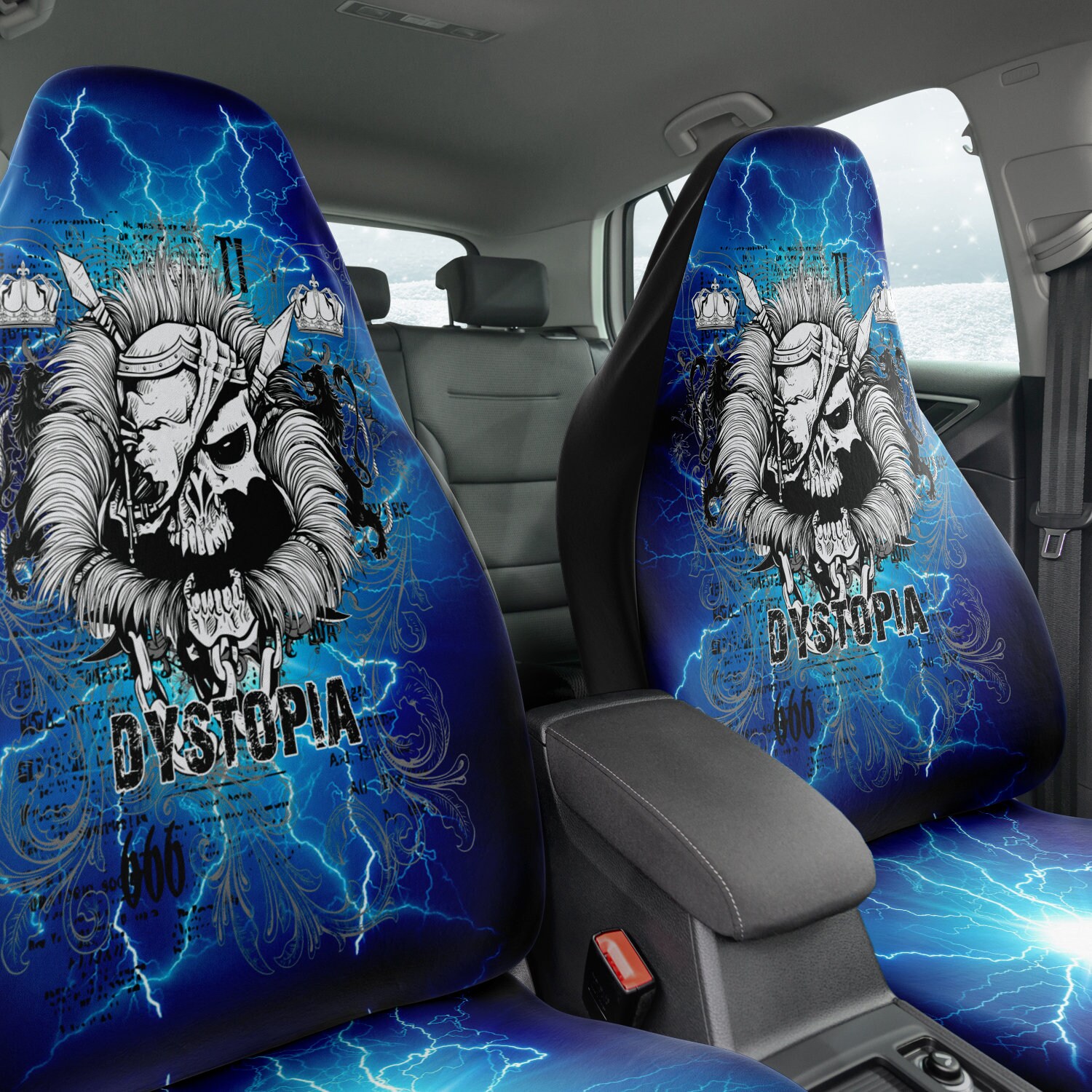 Skull Dystopia Car Seat Covers Set of 2, Universal Fit. Skeleton Pirate cool car interior decor, Durable Car Covering, Bad Ass Driver gift