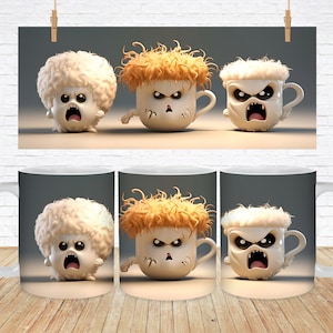 Puede incluir: Tres tazas de cerámica blanca con diferentes caras de dibujos animados. Las tazas tienen un diseño blanco, esponjoso y texturizado. Una taza tiene un diseño marrón, esponjoso y texturizado. Las tazas tienen expresiones enojadas con la boca abierta y dientes afilados.