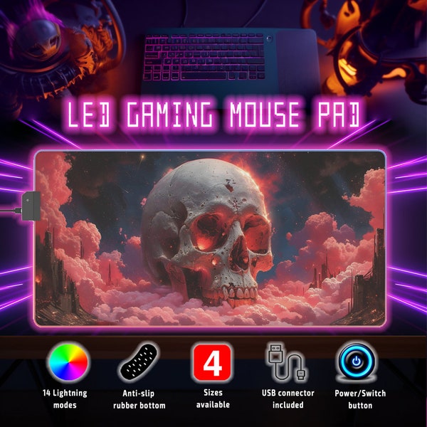 RGB LED Gaming Mouse Pad Skullscape Nebula Rose. 14 changing colors, 4 sizes, Anti-Slip Table Mat, Keyboard Desktop Office, Dreamy Pink Sky
