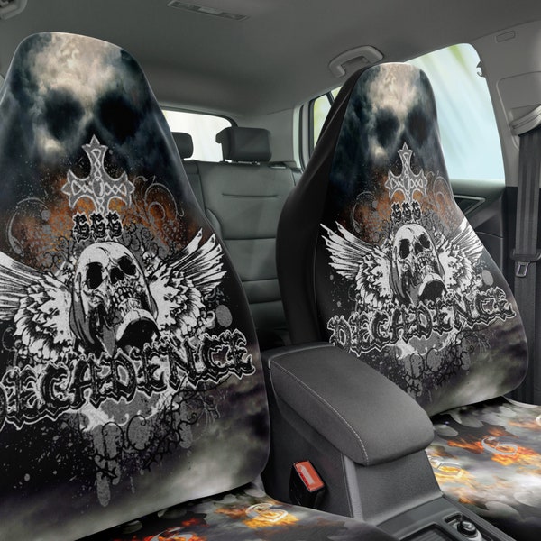 Skull Decadence Car Seat Covers Set of 2, Universal Fit. Horror Car Interior, Durable Polyester Fabric, creepy spooky car, heavy metal fan