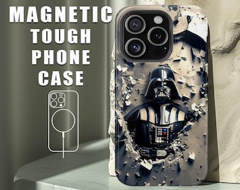 May include: A magnetic phone case featuring a graphic of a black helmeted character emerging from a cracked stone wall. The text reads MAGNETIC TOUGH PHONE CASE and FASTER, SAFER WIRELESS CHARGING. A white line drawing of the case is also visible.