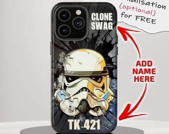 May include: A black smartphone case featuring a white stormtrooper helmet graphic centered on a dark, cracked background. The text CLONE SWAG appears at the top, and TK-421 is printed at the bottom. The case has a triple-lens camera cutout.