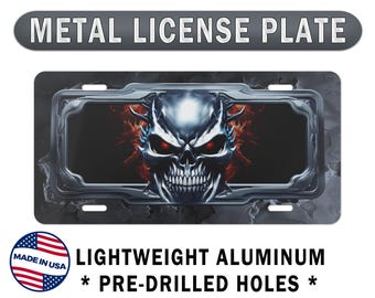 Metal Car License Plate Skull Chrome Demon Blaze. Aluminum Weatherproof Rustproof. Cool Horror Vanity Plate. Badass Driver, Demon lover gift