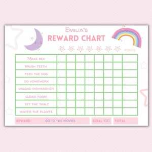 Editable Reward Chart, Printable Digital Rainbow Template, Behavior Chart, Girl Daily Chore Chart, customizable kids chore chart