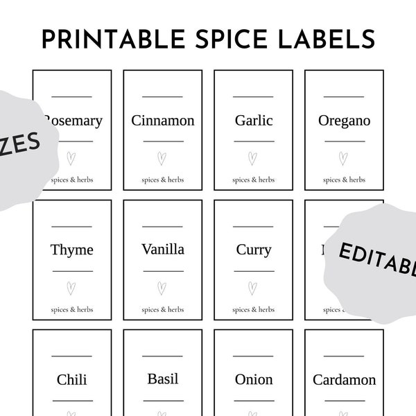 Printable spice labels, spices jar label templates, editable storage sticker, DIY instant download kitchen organization, minimalist sticker