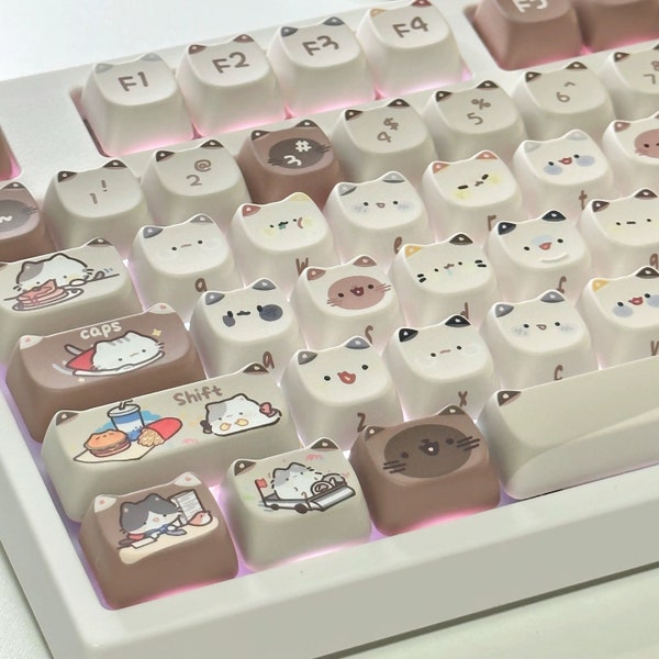 138PCS Mocha Cat Coffee Theme Keycap Set,Cat Keycap,Cute Keycap,MAO Keycap,PBT Keycap,Game Keycap,Mechanical Keyboard Keycap,Cat Lover Gift