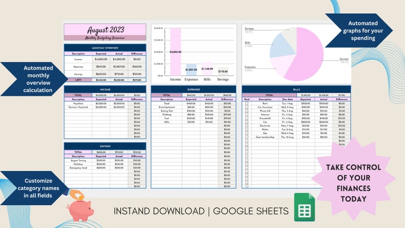 Monthly Budget Planner Google Sheets Expense Tracker Bill - Etsy