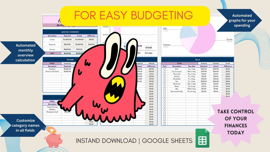 Monthly Budget Planner Google Sheets Expense Tracker Bill - Etsy