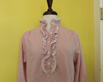 Vintage 1980s Pinstripe Poet Blouse: Ruffle Collar, Size Medium