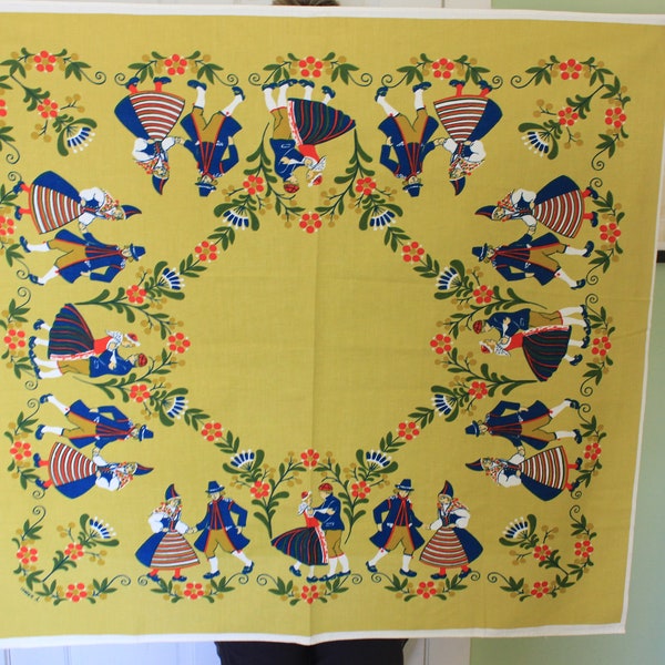 Vintage INGER A Dutch cotton tablecloth/36 by 33/Dancer/floral/Folk Art/ New condition/Estate sale find