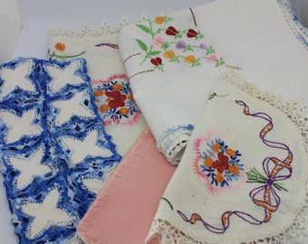 Vintage linen lot/antique linens/cotton/doilie crotchet/table accents/dresser scarfs/8 pieces/Estate sale find