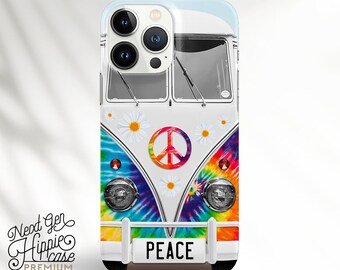 Personalized Phone Case Rainbow Tie Dye Hippie Bus iPhone Case Daisy Pattern Samsung Case Retro New Age Peace Sign Custom Phone Case
