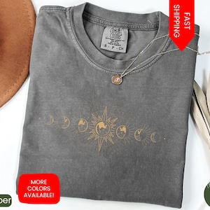 Celestial Comfort Colors® Shirt, Moon Phase T-shirt, Boho Mystical Moon and Sun Tee, Boho Moon Outfit, Spiritual Moon Women Clothing Gifts