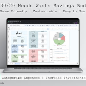 May include: A laptop screen displaying a Google Sheets spreadsheet with a budget template. The spreadsheet is titled "June" and includes categories for needs, wants, and savings. The spreadsheet also includes charts and graphs to visualize spending and income.