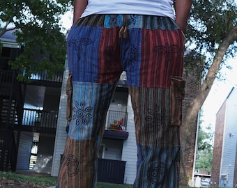 Boho Patchwork Cotton Trousers – Unisex Handmade Hippie Pants with Side Pocket