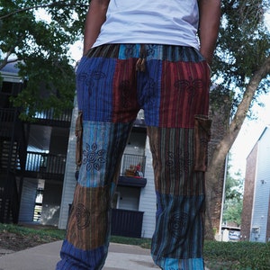 Boho Patchwork Cotton Trousers – Unisex Handmade Hippie Pants with Side Pocket