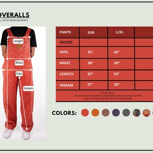 May include: Red overalls with measurements for length, waist, hips, and inseam. Size chart for S/M and L/XL with measurements in inches for hips, waist, length, and inseam. Color options include red, orange, brown, purple, gray, and a patterned fabric.