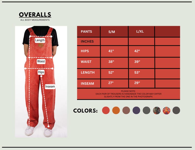 May include: Red overalls with measurements for length, waist, hips, and inseam. Size chart for S/M and L/XL with measurements in inches for hips, waist, length, and inseam. Color options include red, orange, brown, purple, gray, and a patterned fabric.