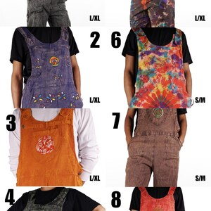 May include: Eight different styles of denim overalls with embroidered designs. The overalls are available in a variety of colors, including blue, purple, orange, and red. The overalls are available in sizes L/XL and S/M.