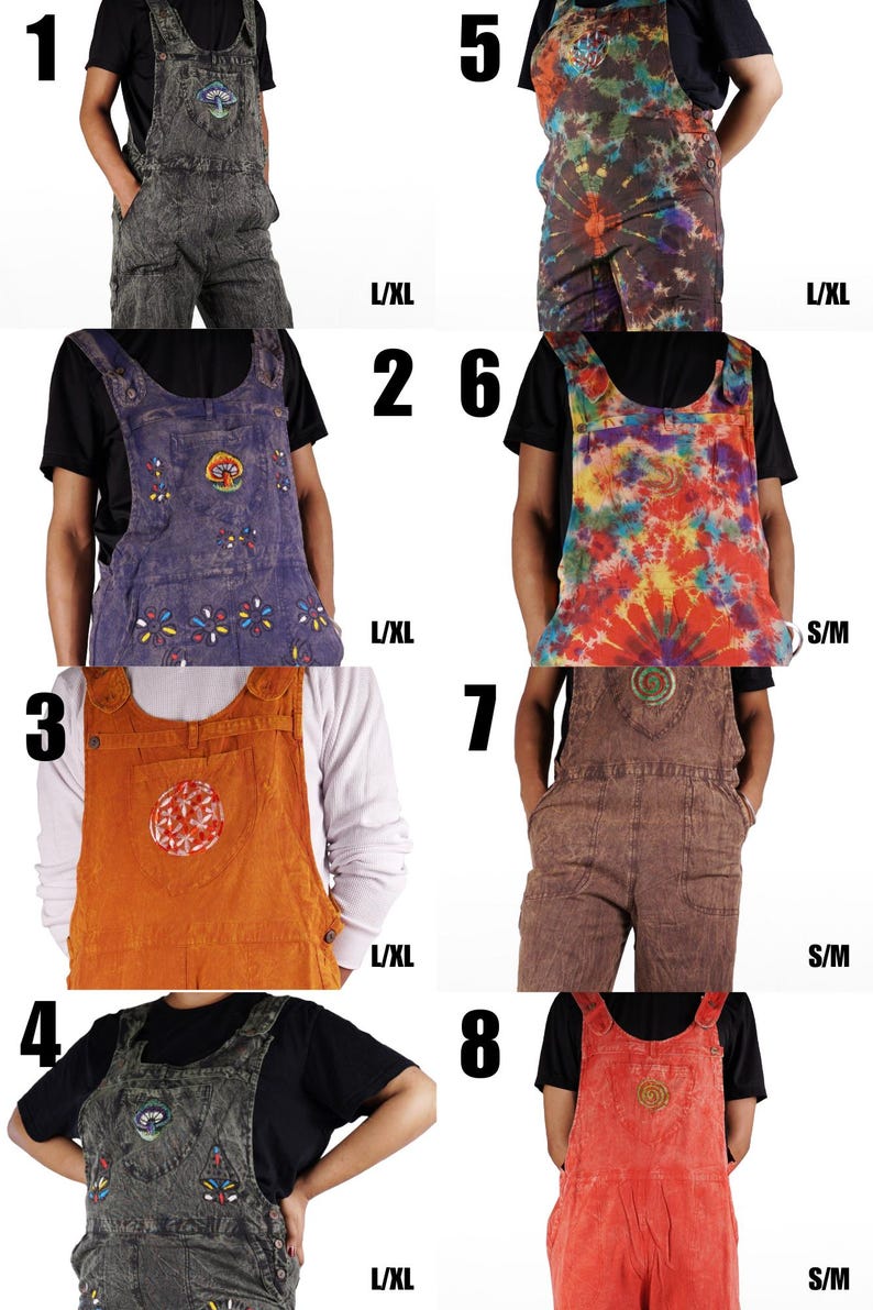 May include: Eight different styles of denim overalls with embroidered designs. The overalls are available in a variety of colors, including blue, purple, orange, and red. The overalls are available in sizes L/XL and S/M.