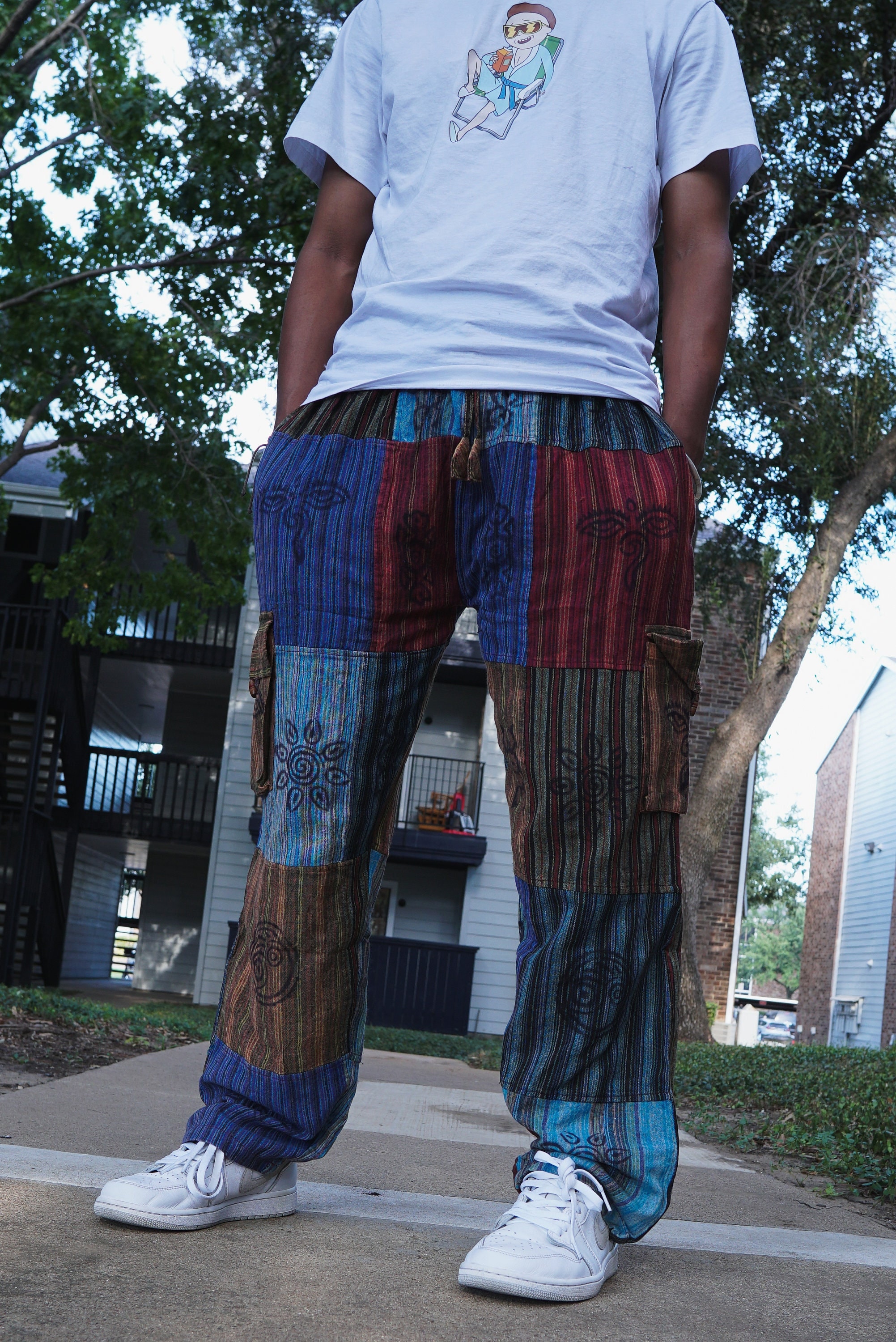 Boho Patchwork Baumwollhose - Unisex handgefertigte Hippiehose mit Seitentasche