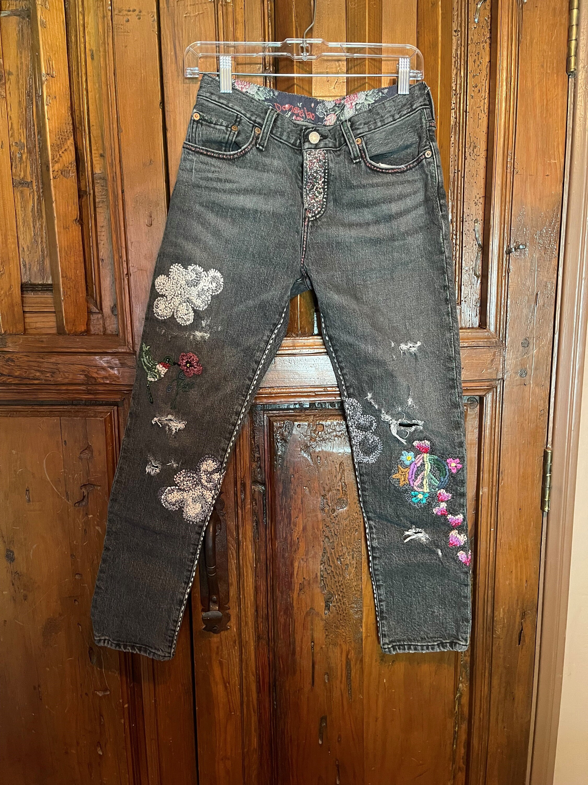 Men's Embroidered Jeans, Vintage Japanese Ukiyo-e Embroidered Blue