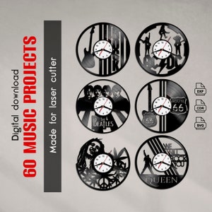 Modello di orologio in vinile con musica rock - File vettoriale tagliato al laser CNC (SVG, DXF, CDR) - Download digitale per orologio da parete in vinile