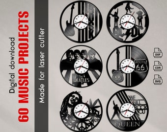 May include: Six different vinyl record clock designs featuring various music icons. The designs include a guitar, the Beatles, Route 66, a marijuana leaf, and Queen. The designs are available in DXF, CDR, and SVG formats.