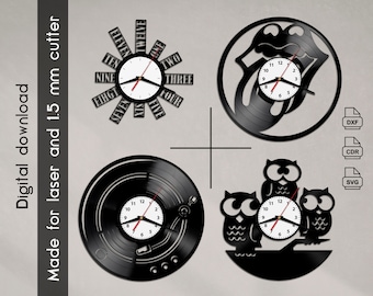 Digital cnc desing for Vinyl Clock, Dxf Cdr Svg file vinyl clock, laser cutting or cnc machining, Owls, Gramophone vinyl clock