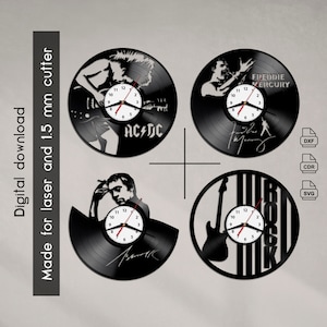 Puede incluir: Cuatro diseños de relojes de vinilo negro con músicos de rock and roll. Los diseños incluyen AC/DC, Freddie Mercury, una guitarra con la palabra "Rock" y una silueta de un músico con una guitarra. Los diseños están disponibles en formatos SVG, DXF y CDR.
