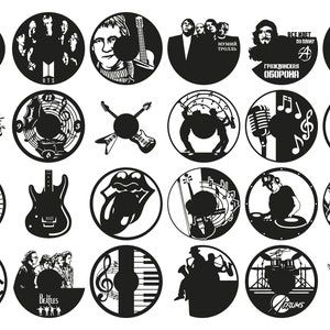 May include: A set of 18 black and white circular vinyl record designs featuring various musical themes, including a smiley face, a guitar, a microphone, a drum set, and musical notes. The designs also include text such as "Life is Music", "AC/DC", "Beatles", and "Freddie Mercury".