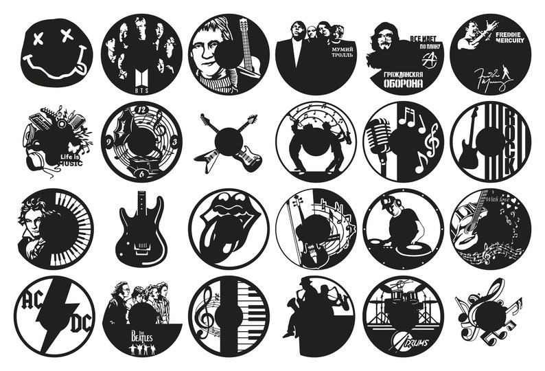 May include: A set of 18 black and white circular vinyl record designs featuring various musical themes, including a smiley face, a guitar, a microphone, a drum set, and musical notes. The designs also include text such as "Life is Music", "AC/DC", "Beatles", and "Freddie Mercury".