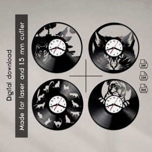 Op de afbeelding: Set van vier zwarte vinyl platen klokontwerpen met een wolf, een kat, een mopshond en een groep katten. De ontwerpen zijn gemaakt voor lasersnijden en zijn beschikbaar in DXF, CDR en SVG formaten. Gemaakt voor laser en 1,5 mm snijder. Digitaal downloaden.