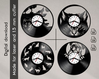 Dog vinyl clock, Cat vinyl clock, Wolf vinyl clock, Digital file for vinyl clock, cnc laser cut vector file, dxf clock, cdr clock, svg clock