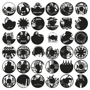 May include: A set of 24 black and white circular vinyl record designs featuring various music artists and bands, including The Beatles, Metallica, Queen, and Red Hot Chili Peppers.