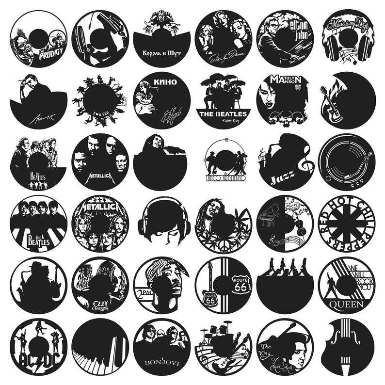 May include: A set of 24 black and white circular vinyl record designs featuring various music artists and bands, including The Beatles, Metallica, Queen, and Red Hot Chili Peppers.