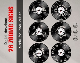 Zodiac Vinyl Clock Template – CNC Laser Cut File (Svg Dxf Cdr) – Horoscope Wall Clock Digital Download