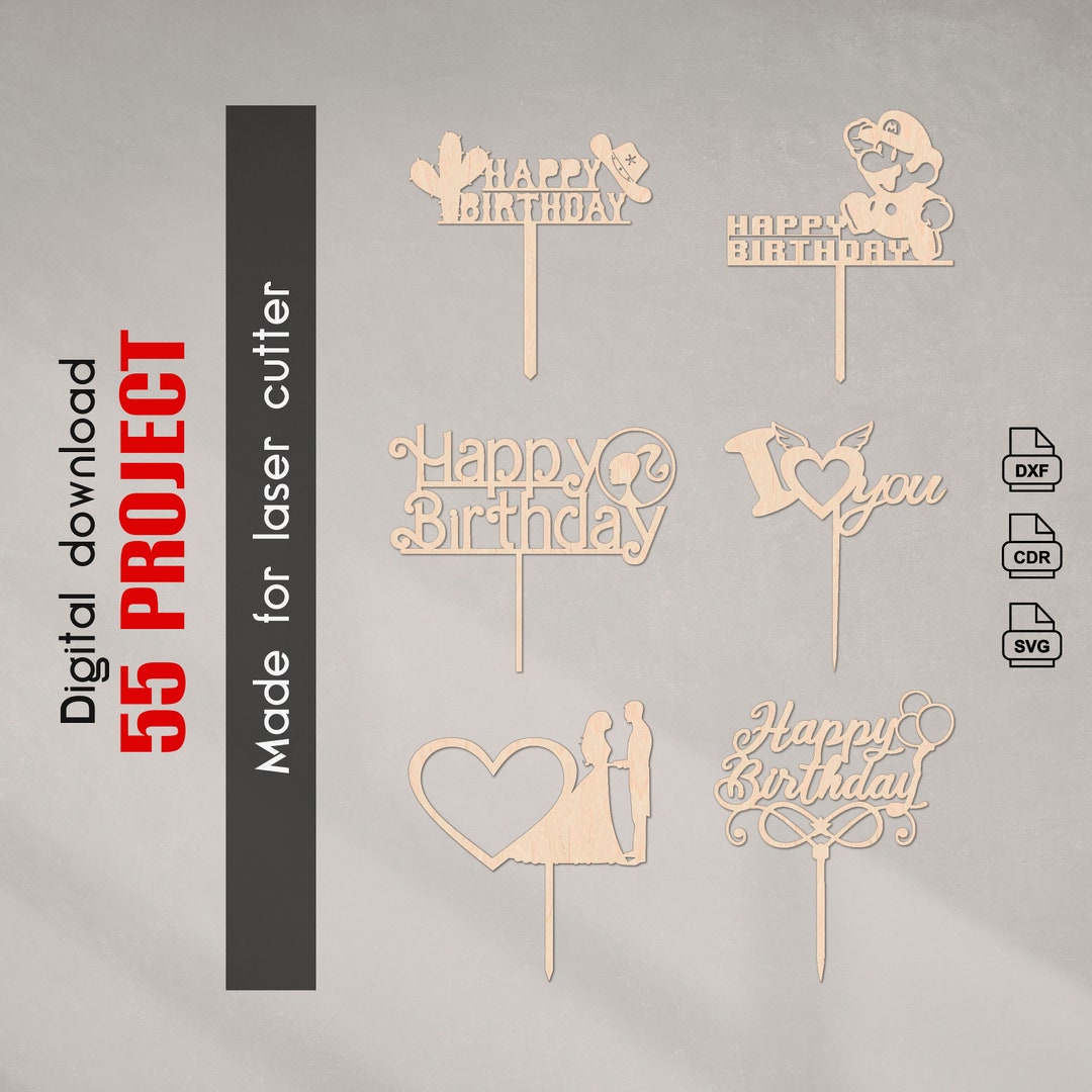 Topper Laser Cut Vector Cnc Laser File, Happy Birthday Cake Toppers Svg