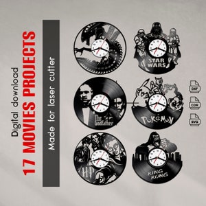 Orologio da parete in vinile con tema cinematografico in formato SVG DXF CDR – Modello digitale per orologio da parete con tema cinematografico – File vettoriale tagliato al laser CNC per dischi in vinile