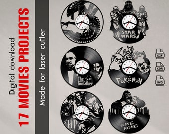 Reloj de vinilo de película para cortador láser cnc, reloj de películas de vinilo de pared vectorial DXF SVG CDR, películas de descarga digital para láser cnc