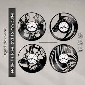 Orologio in vinile con cane, orologio in vinile con cervo, orologio in vinile con zebra, orologio in vinile con cavallo, file vettoriale tagliato al laser CNC, orologio DXF, orologio CDR, orologio SVG