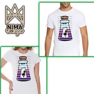 May include: White t-shirts featuring a graphic of a potion bottle with a cork stopper. The bottle design includes blue, purple, and white stripes, with a silhouette of a person inside. The brand logo "NIMA Design" is in the upper left corner.