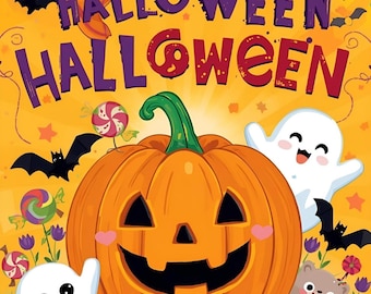 May include: A Halloween coloring book for kids featuring a large orange jack-o'-lantern, two white ghosts, a small brown bear, and a child dressed as a witch. The cover includes bats, colorful lollipops, and the text Halloween Halloween.
