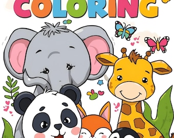 Puede incluir: Una portada de libro para colorear con el texto COLORING COLORING en la parte superior. Debajo del texto hay ilustraciones de dibujos animados de un elefante gris, una jirafa amarilla, un panda blanco y negro, un pequeño zorro naranja, un pingüino y una tortuga verde.