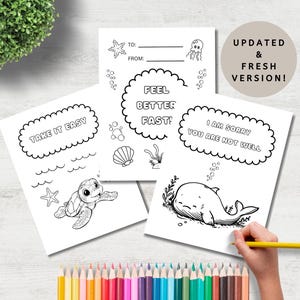 Coloriages Get Well, activité pour enfants à imprimer, carte Se sentir mieux, téléchargement immédiat, jeux de mots amusants, thème des animaux marins mignons